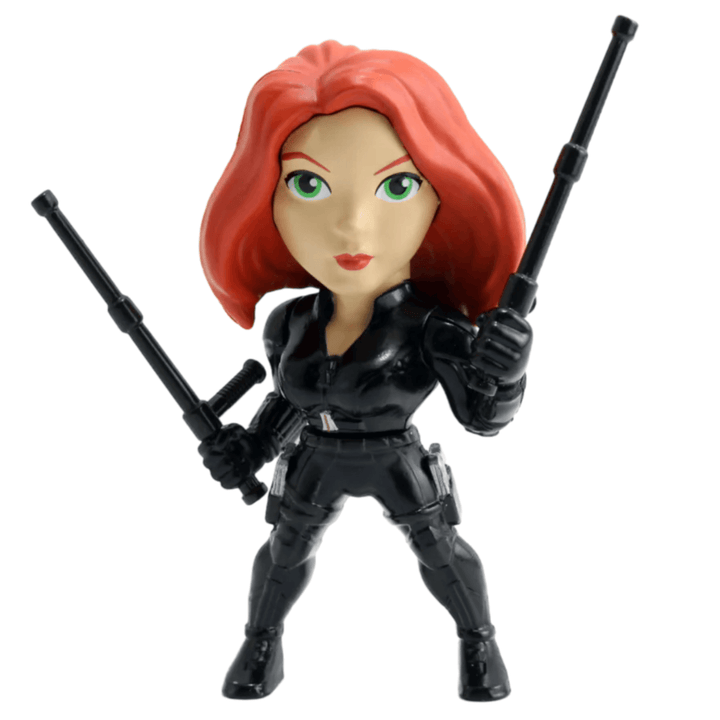 front view of black widow metalgif figuring with shiny black bodysuit, baton weapons and signature red hair