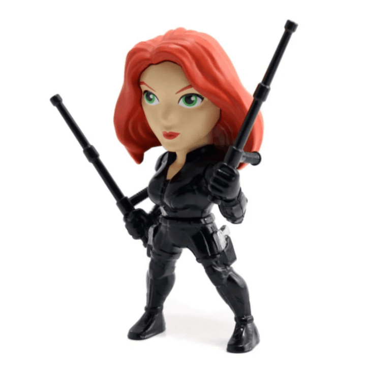 front/side view of black widow holding two batons in pose