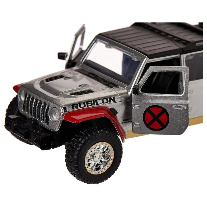 Close up detail of the front of collectors diecast metalX-men Jeep with Rubicon decal