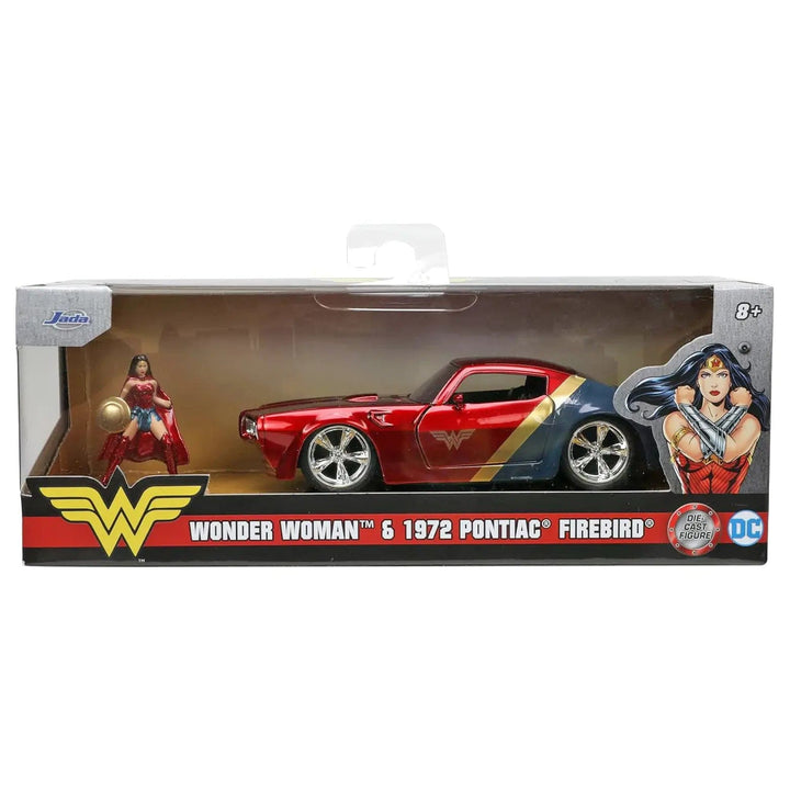 Display box packaging for Wonder Woman and 1972 Pontiac Firebird die-cast metal car and figure set for collectors