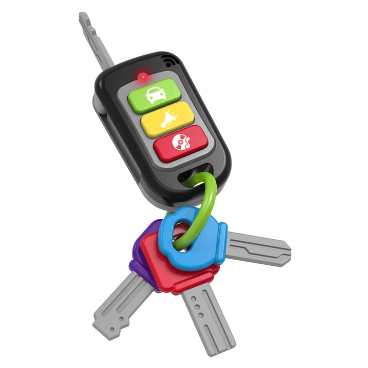 kids car key toy featuring three keys, three buttons and a grey pop up key