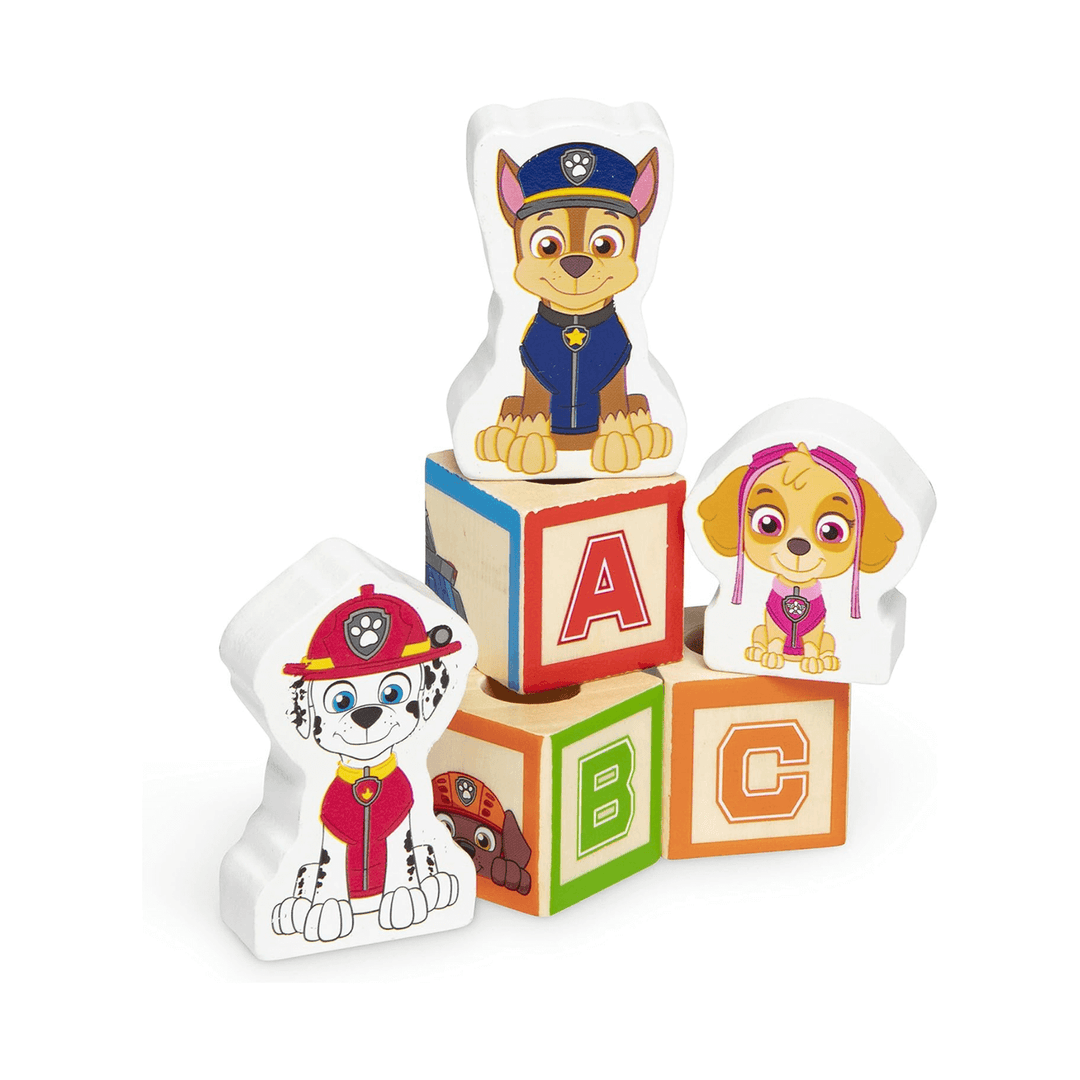 abc blocks and paw patrol chracter blocls stacked together