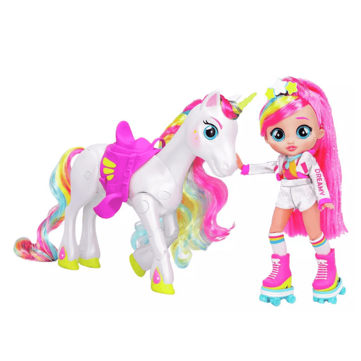 dreamy doll with long pink glittery hair, holds hand to unicorns nose.