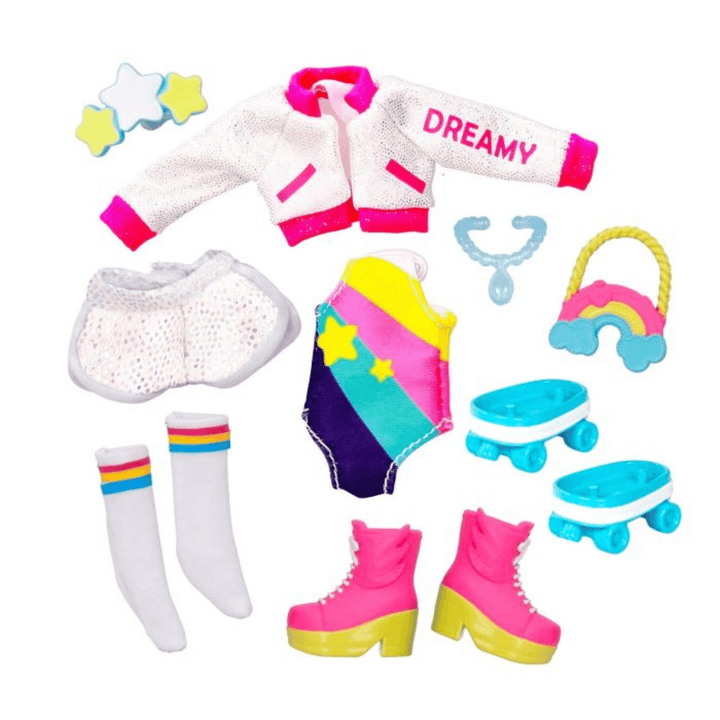 12 clothing accessories including star shaped headband, rainbow style bag and roller skates.