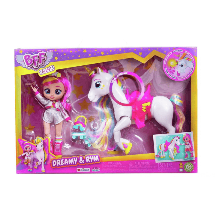 BFF talents dreamy & rym doll toy set in purple sparkly packaging.