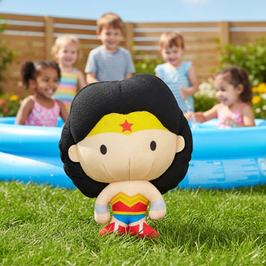 Wonder Woman plush water toy on grass beside a paddling pool