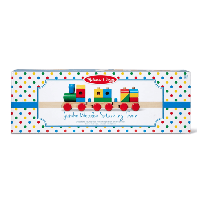 melissa &amp; doug jumbo wooden stacking train cardboard packaging with red, yellow green and blue polka dot pattern on the front ages 24m+