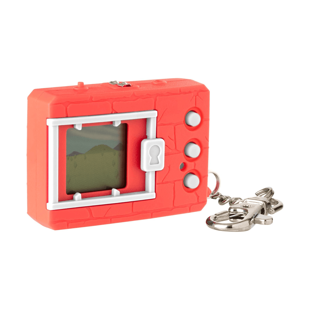 neon red and white tamagotchi with key chain