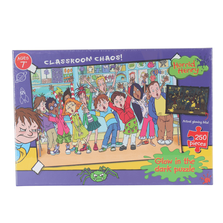 horrid henry classroom chaos jigsaw puzzle featuring purple colour box with glow in the dark slogan 