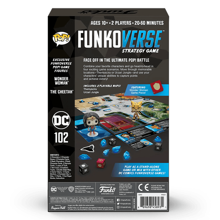 Back of the box of funkoverse DC 102 game with 2 playable maps