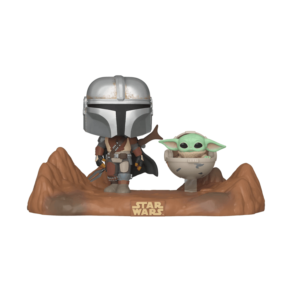 the mandalorian and the child grogu figure on star wars branded display stand