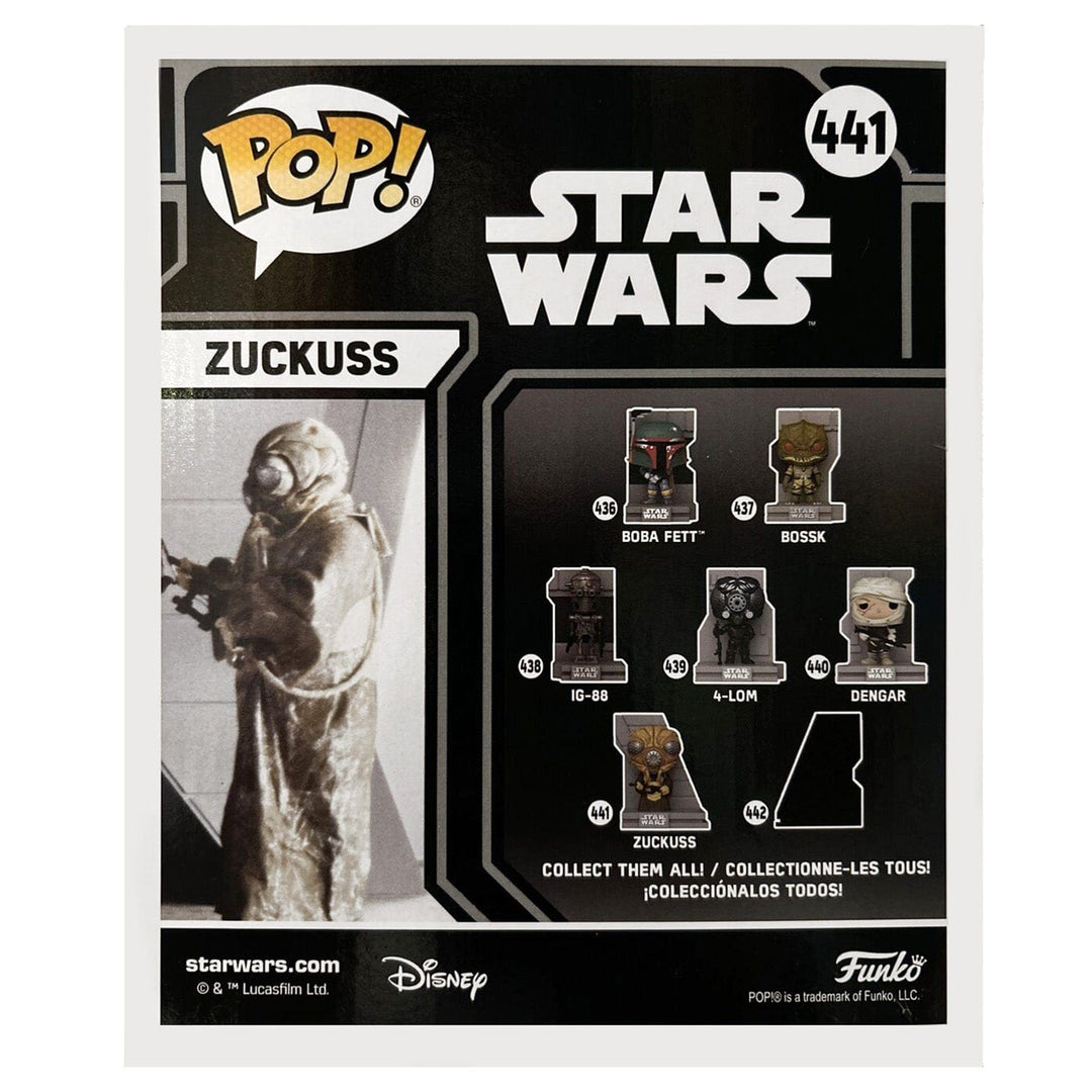 Back of the box of funko pop Star wars Zuckuss figure number 441