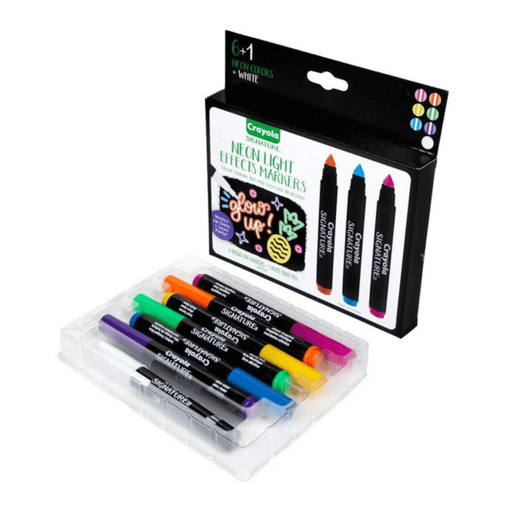 neon light effects markers packaging with markers laid out in front of box