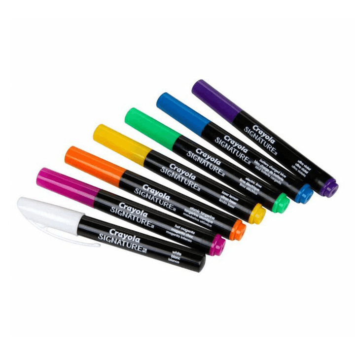 coloured markers including purple, blue, green, yellow, orange, pink and white