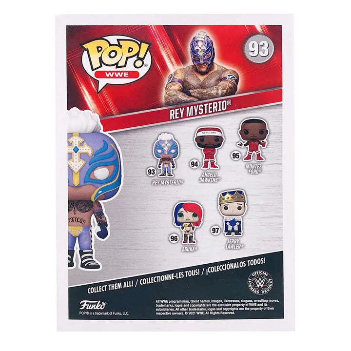 Back of the display box of Funko Pop WWE Rey Mysterio vinyl figure for collectors