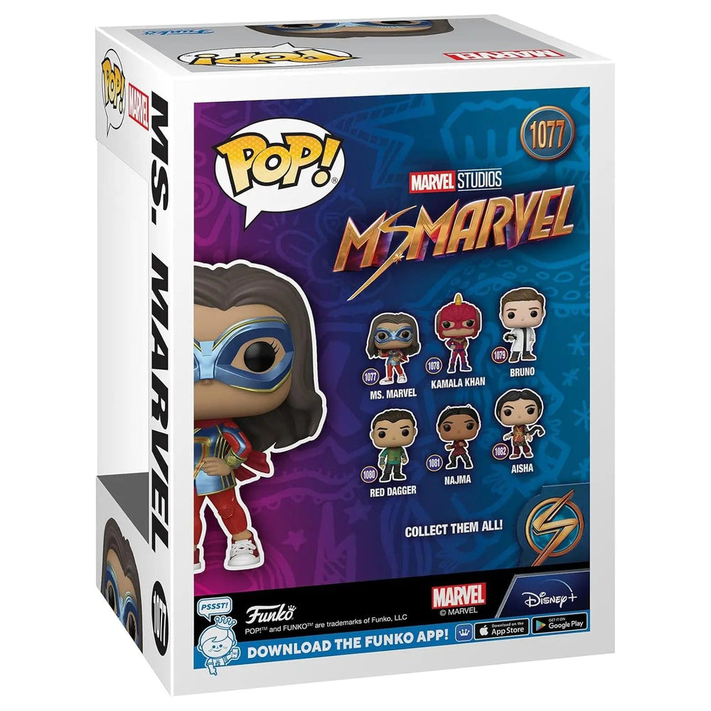 Back of the pack of Marvel Studios Ms. Marvel Funko Pop vinyl figure number 1077