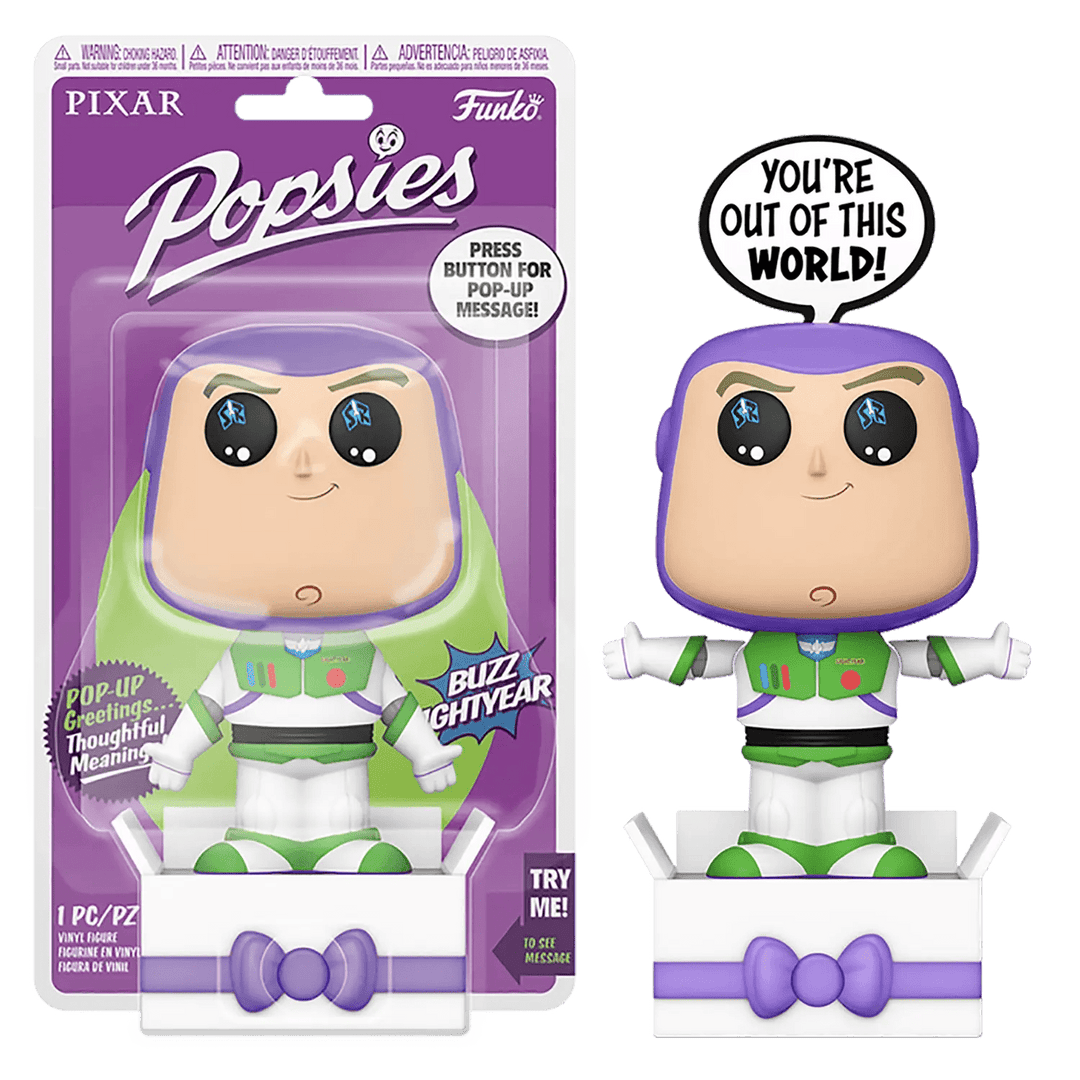 Buzz Lightyear Funko Popsies with pop up message You're out of this world