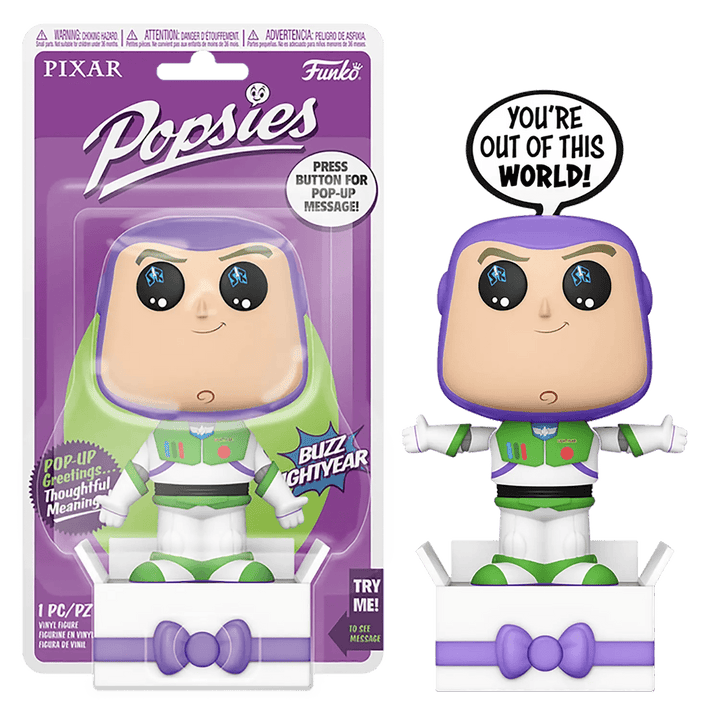 Buzz Lightyear Funko Popsies with pop up message You're out of this world