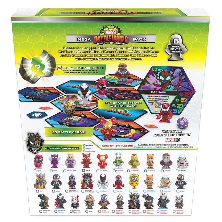 Back of the box of Marvel battle world mega pack collectible adventure game showing all the characters to collect