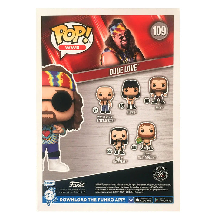 Back of the display box of Funko Pop WWE Dude Love vinyl figure for collectors