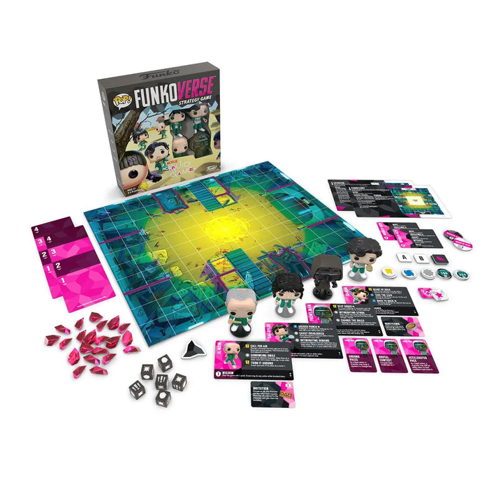 Contents of Funkoverse with playable maps, cards, dice and 4 vinyl figures