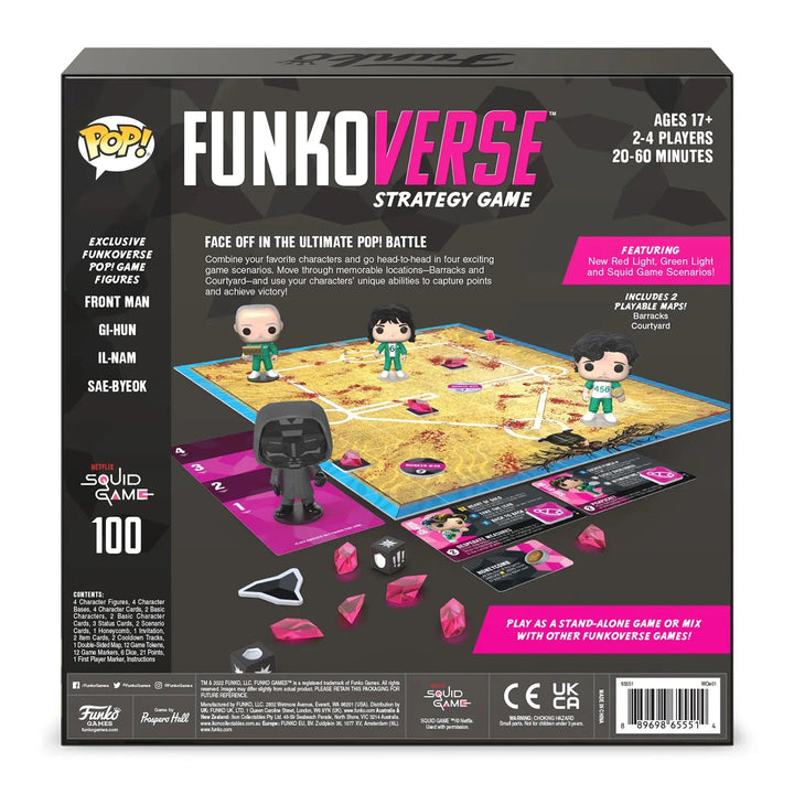 Back of the box from Funkoverse Squid Game with exclusive pop! figures