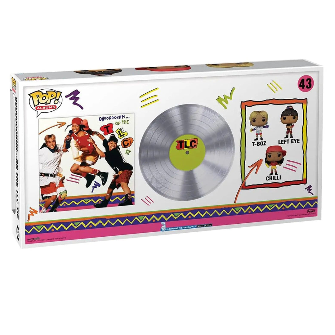 Back of the box of Funko Pop Albums TLC Ooohh on the TLC Tip with 3 vinyl figure, album cover and stand