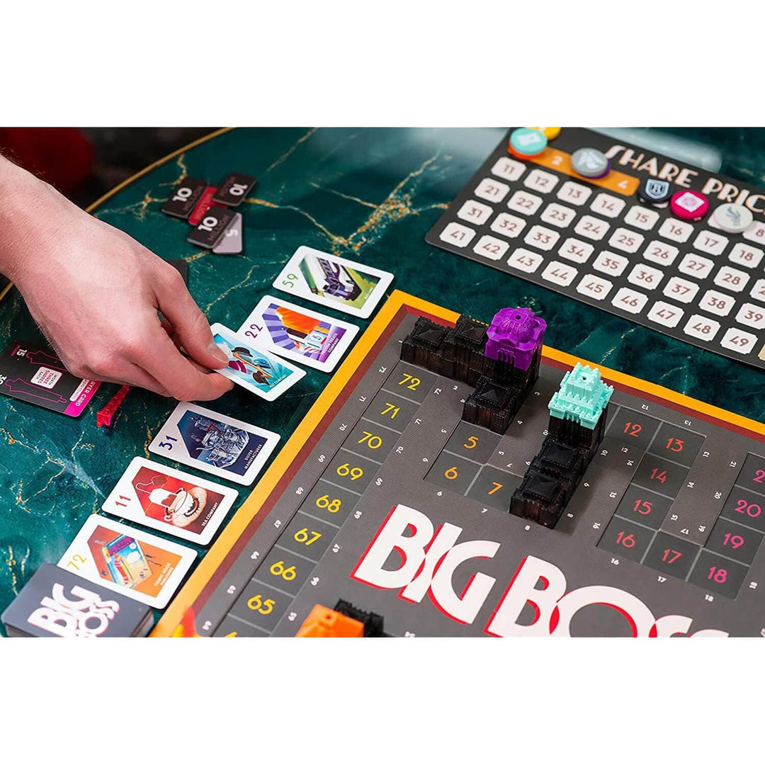 Big Boss board game in progress with cards and game pieces on a table