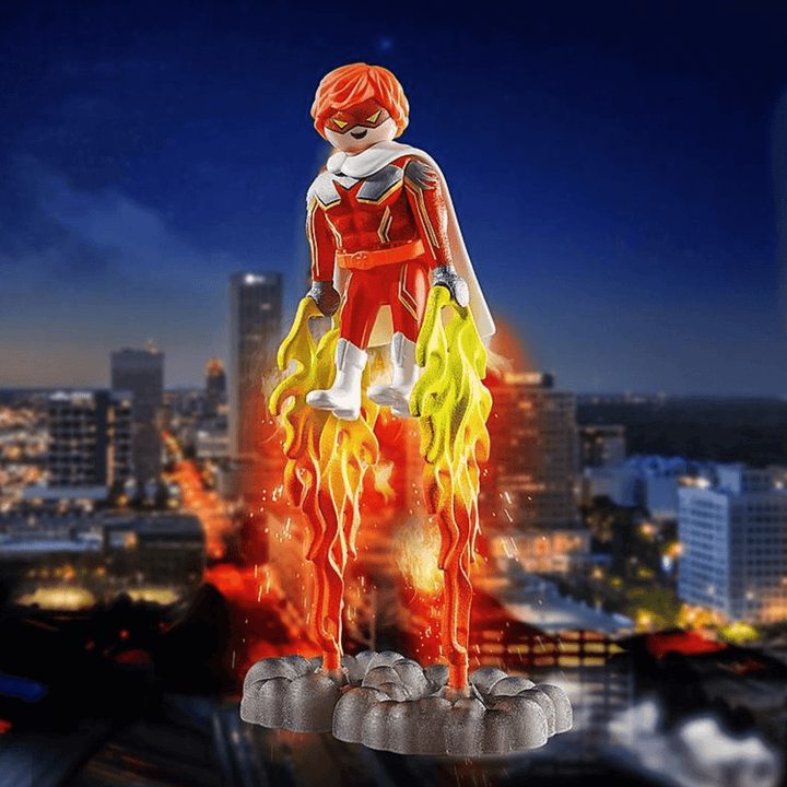 superhero toy figure on skyline background