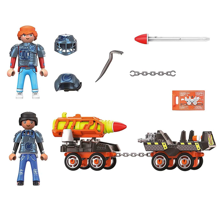 Contents of the box of Playmobil Mine missile launcher set with 2 figures, helmets, armour, chains and missiles