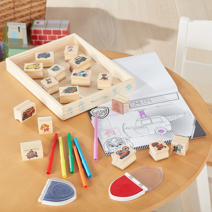 Wooden box with PAW Patrol wooden stamps, ink pads, coloured markers and activity pad