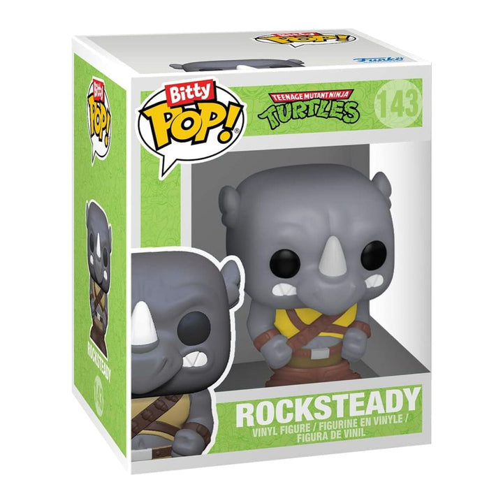Funko Pop! Rocksteady figure packaging with Bitty Pop! branding