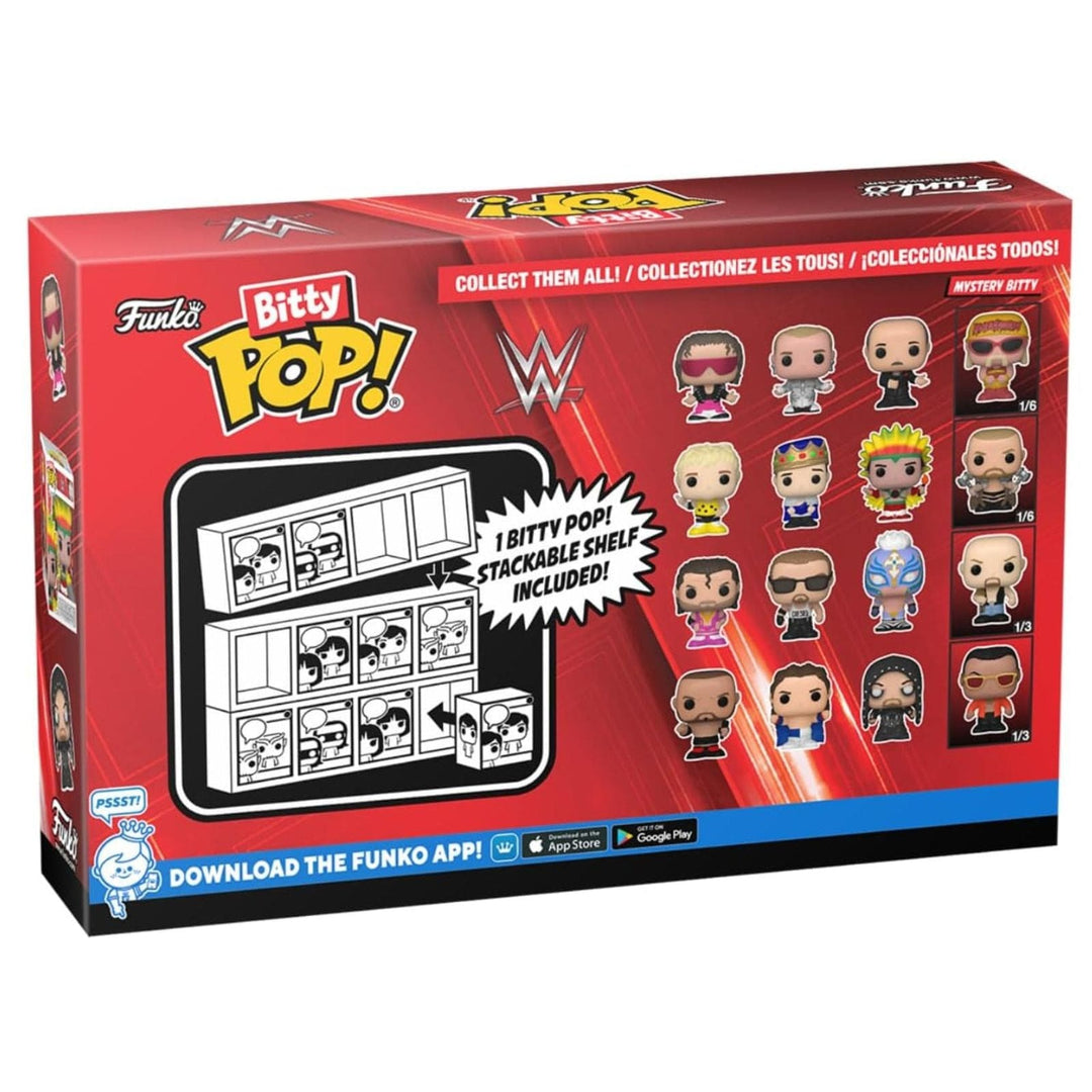 Funko Bitty Pop! packaging with figures and shelf included, featuring WWE branding.