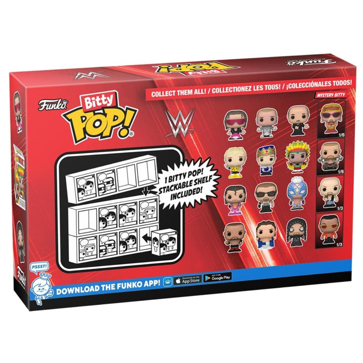 Funko Bitty Pop! packaging with figures and shelf included, featuring WWE branding.
