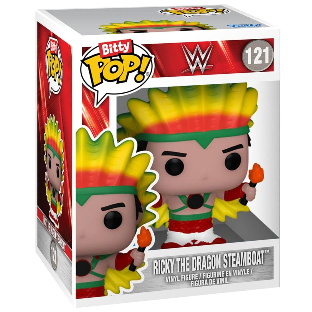 Funko Pop! vinyl figure packaging featuring Ricky The Dragon Steamboat with WWE branding.