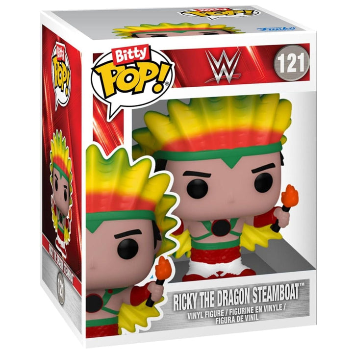 Funko Pop! vinyl figure packaging featuring Ricky The Dragon Steamboat with WWE branding.