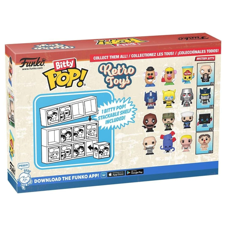 Funko Bitty Pop! Retro Toys packaging with toy figures and tuckable shelf on a white background