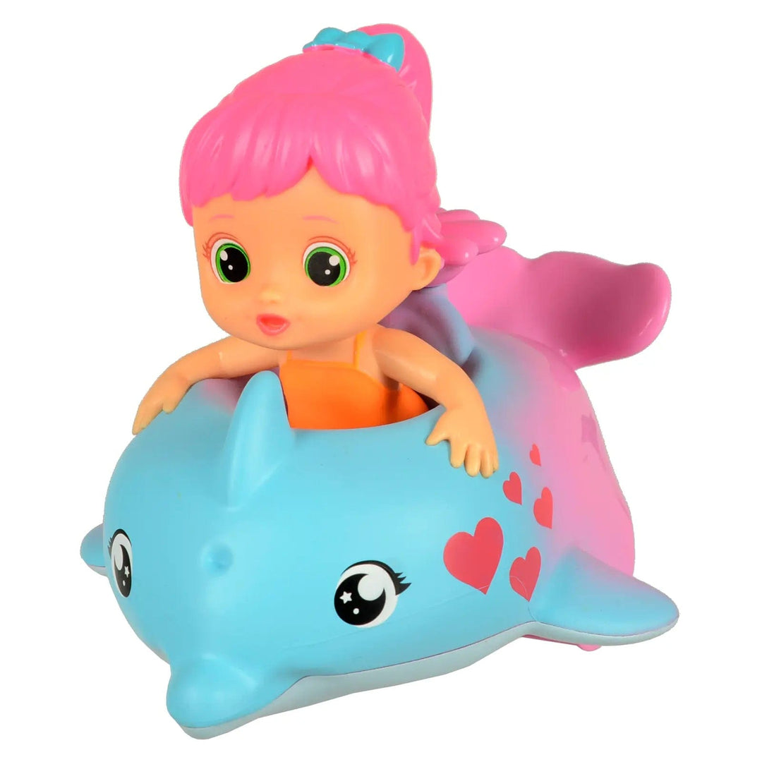 Bloopies Floaties Dolphin bath toy with blue and pink dolphin decorated with hearts