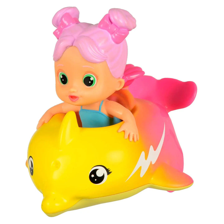 Bloopies Floaties Dolphin bath toy with yellow and pink dolphin decorated with white ripple