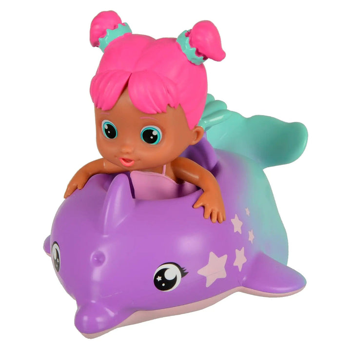 Purple and turquoise Bloopies Floaties Dolphin bath toy with  decorated with stars