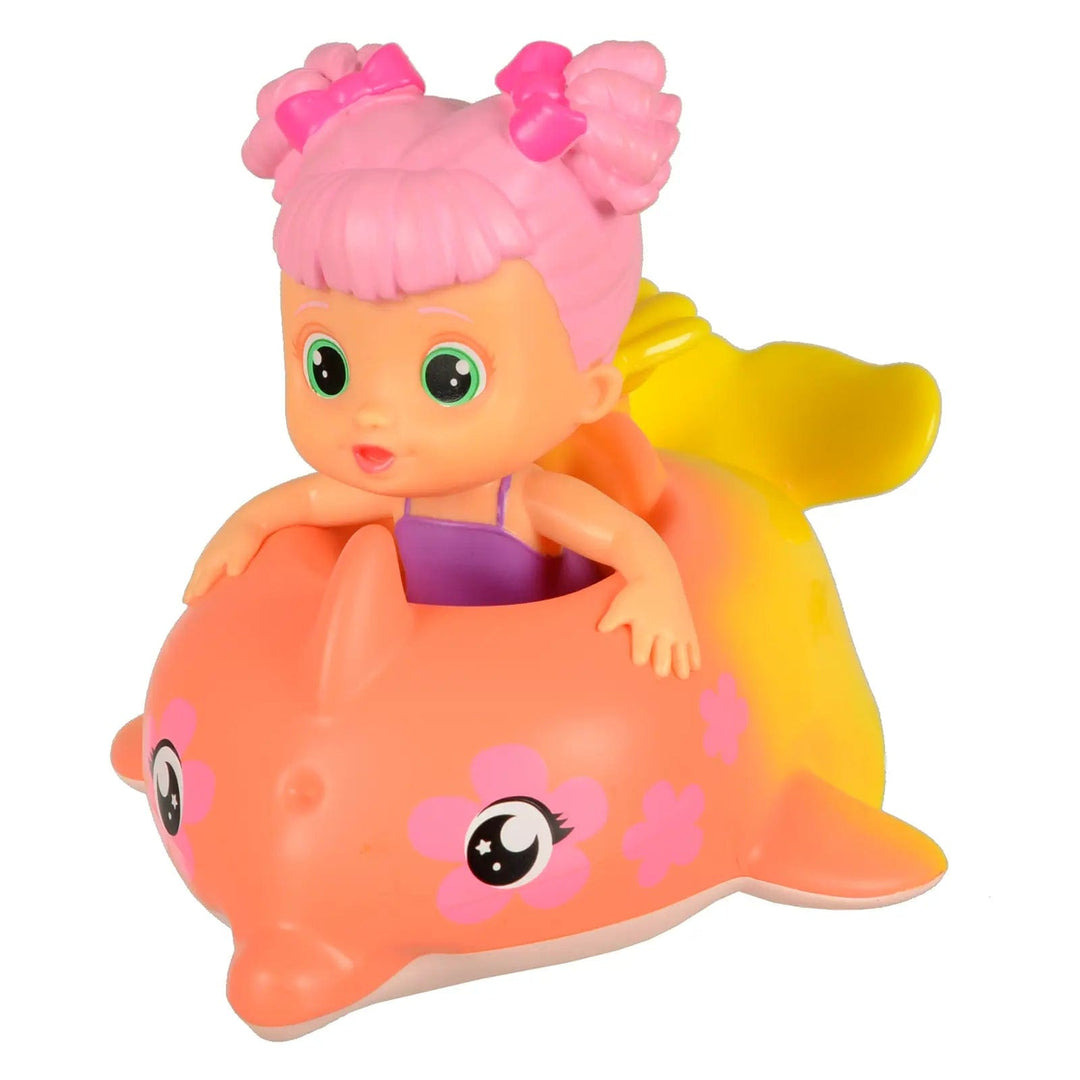 Orange and yellow Bloopies Floaties Dolphin bath toy decorated with pink flowers