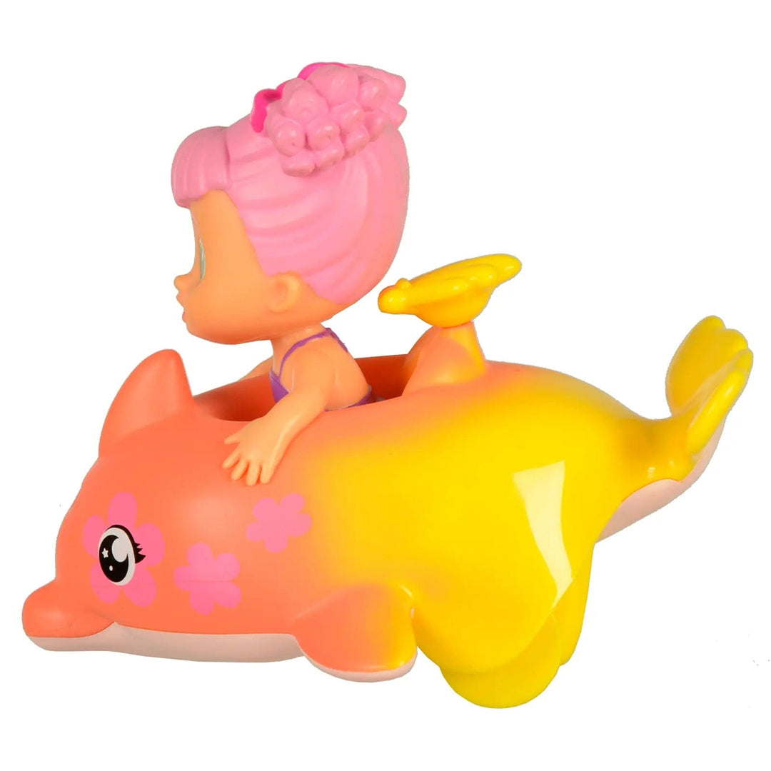 Side view of Orange and yellow Bloopies Floaties Dolphin bath toy decorated with pink flowers