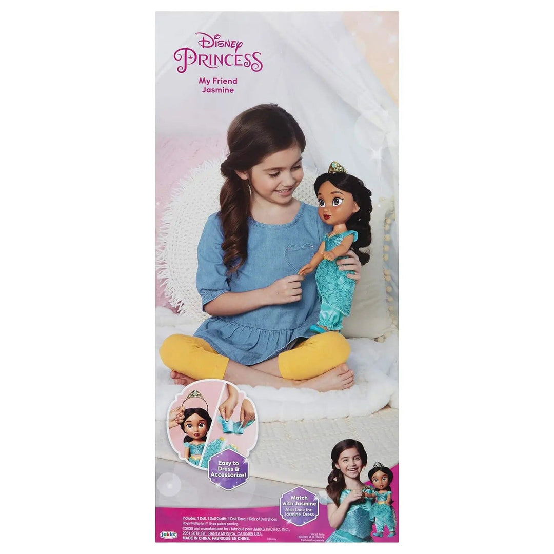 Back of the box of Princess Jasmine doll showing a girl holding the doll