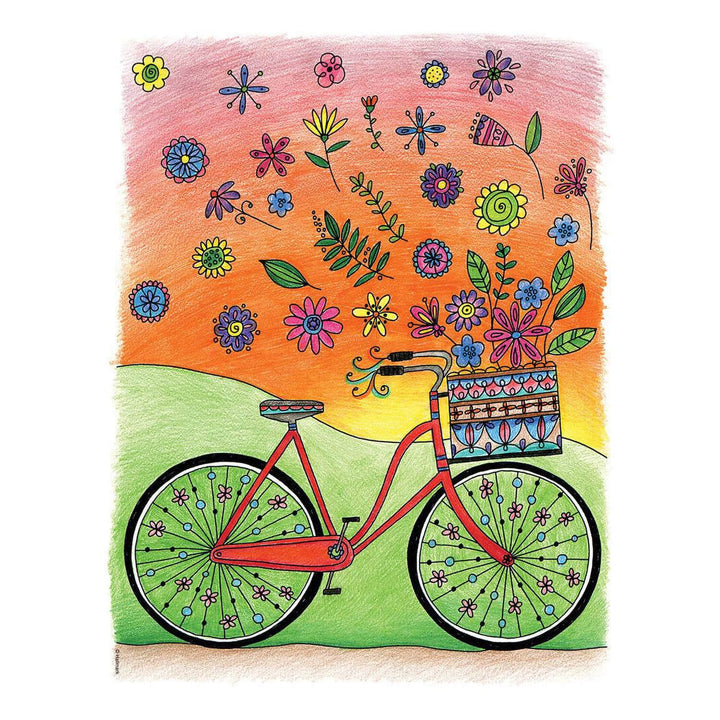 A colourful art print featuring a red bicycle with patterned wheels and a basket of flowers, set against a pink, orange, and green background with whimsical wildflowers.