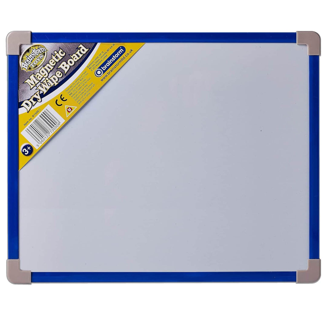Magnetic dry-erase board with blue border and packaging on a white background