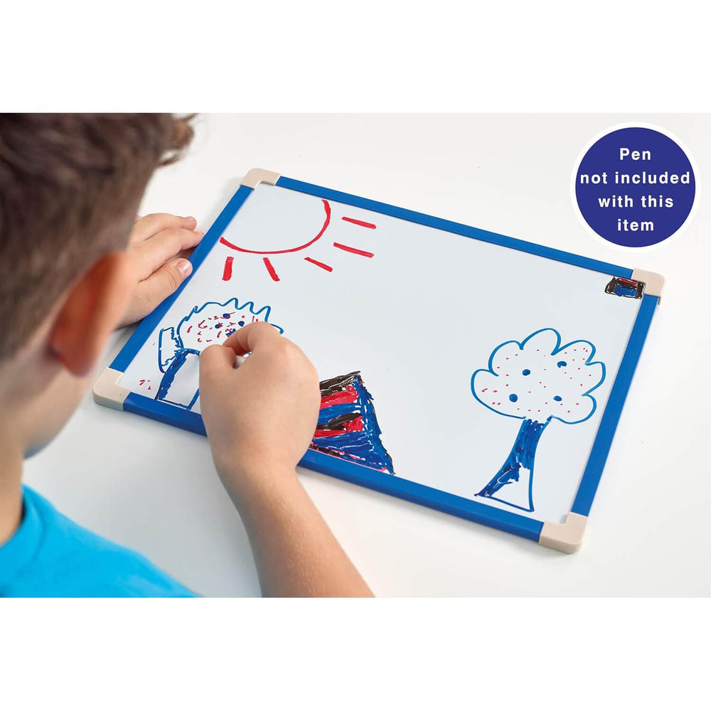 Child drawing on a magnetic whiteboard with a pen not included, on a white surface.