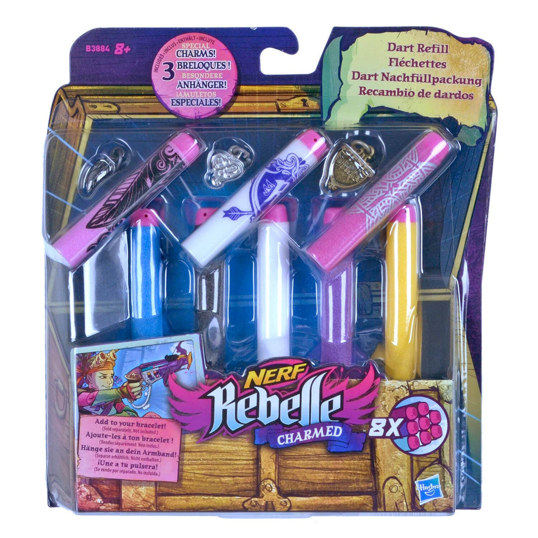 Nerf Rebell Charmed Dart Refill pack in its original retail blister packaging, containing three refill darts in pink, blue, and yellow with decorative patterns.