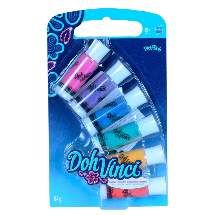 A 6-pack of DohVinci glitter deco pop refills, packaged in a blue and light blue blister card with a hanging tab.