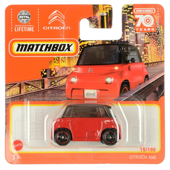 Red Citroen Ami  die-cast car in Matchbox packing