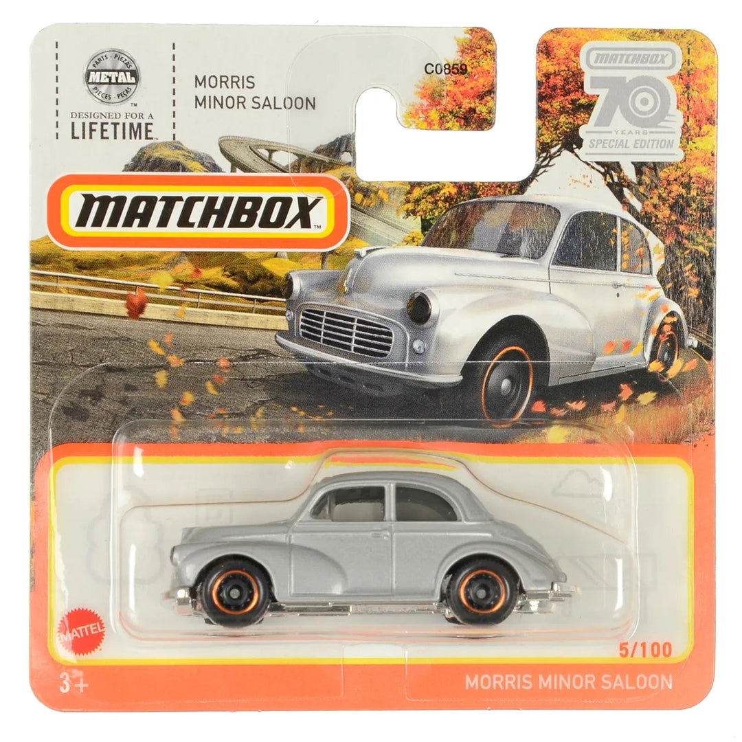 Silver Morris Minor Saloon die-cast car in Matchbox packing